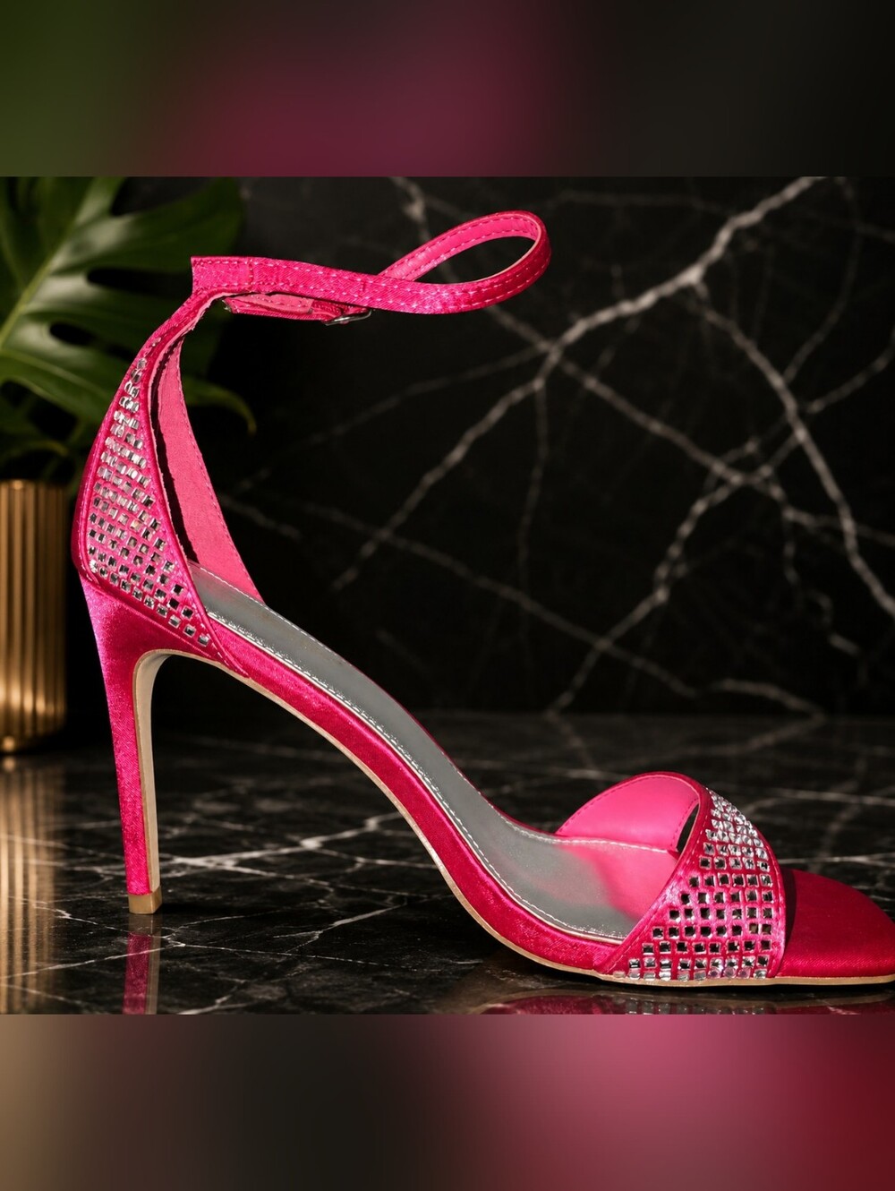 'Pisa' Hot Pink Rhinestone Open-Toe Ankle Strap Heel